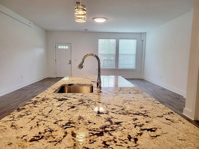 Modern open-concept living space with luxurious granite countertop, sleek hardwood floors, and ample natural light through large windows.