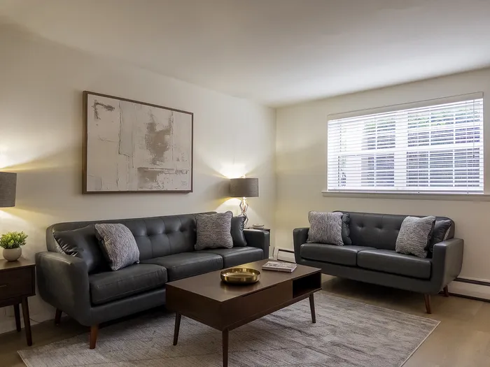 Contemporary living room with chic leather sofas, elegant decor, and welcoming natural light through large windows.
