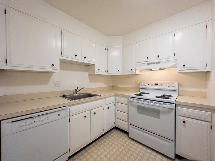Bright and inviting kitchen with modern appliances, ample white cabinetry, and a seamless countertop for a clean, spacious feel.