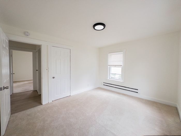 Bright and airy bedroom featuring plush carpeting, a large window for natural light, and an elegant white door.