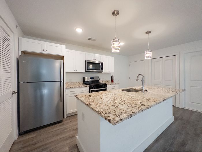Modern kitchen with stainless steel appliances, elegant marble countertops, and stylish pendant lighting.