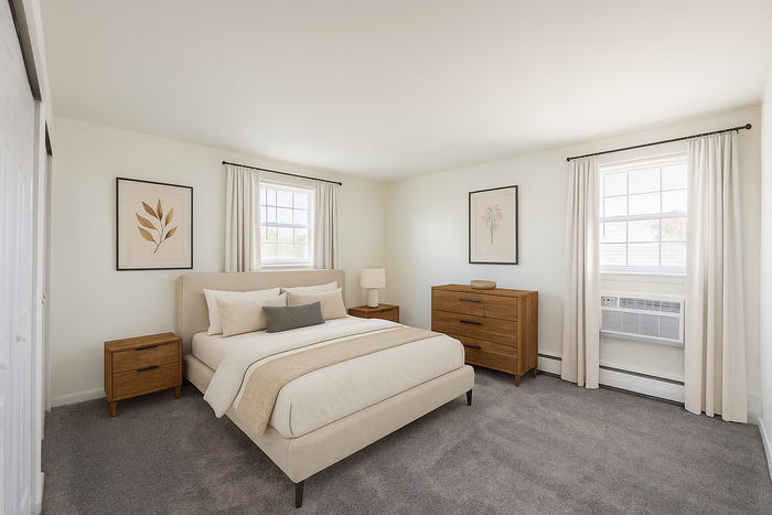 Bedroom at College Arms Apartments in Collegeville, PA with upholstered bed, wood dresser, two windows and wall AC.