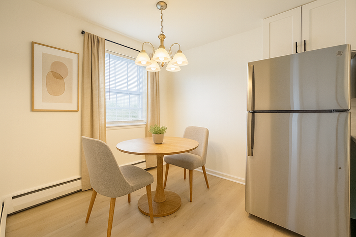 Dining nook with round wood table, two upholstered chairs, chandelier and stainless refrigerator at College Arms Apartments.