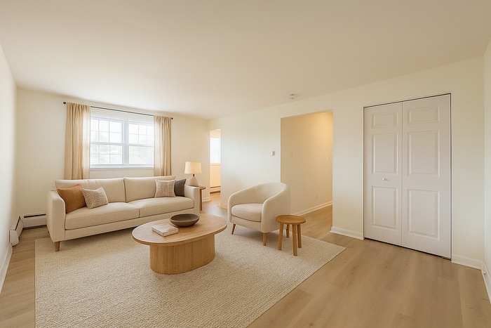 Neutral living room with sofa, armchair, and coffee table at College Arms Apartments.