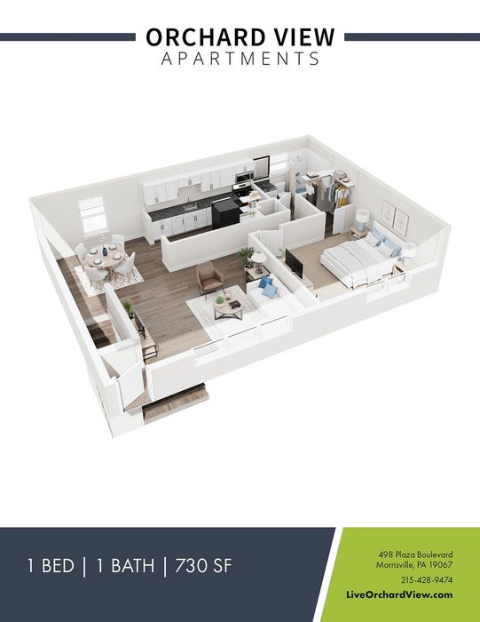 Modern 3D floor plan of Orchard View Apartments featuring 1 bedroom, 1 bathroom, and open-concept kitchen and living area, totaling 730 square feet.