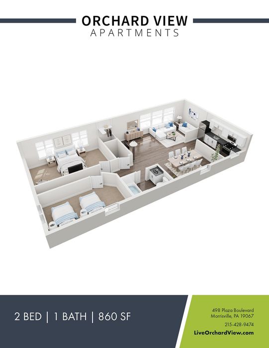 Orchard View Apartments floor plan showcasing 2 bedrooms, a modern kitchen, and an inviting living area in 860 sq ft.
