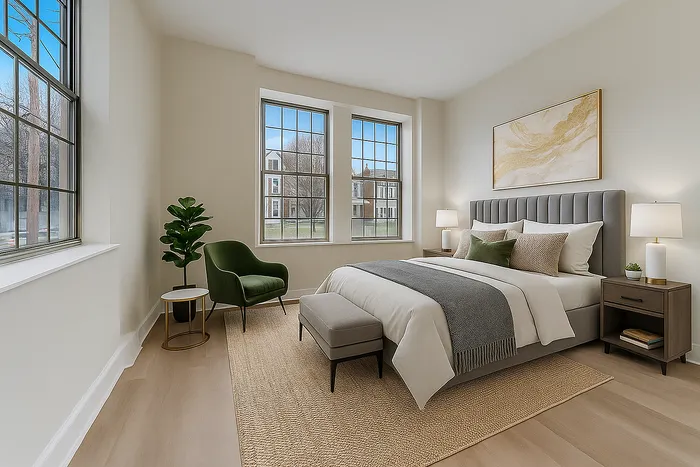 Bright bedroom with gray upholstered bed, green chair, and twin windows at Franklin Manor Apartments, West Reading PA.
