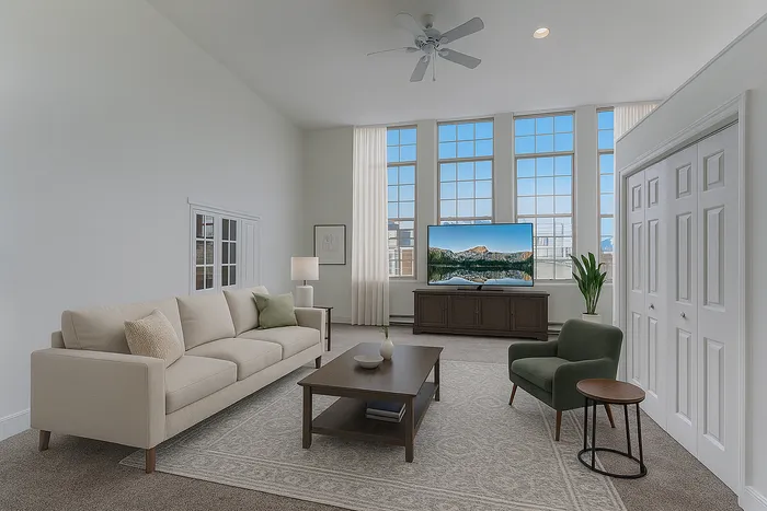 Furnished living room with sofa, armchair and tall windows at Franklin Manor Apartments, West Reading PA.