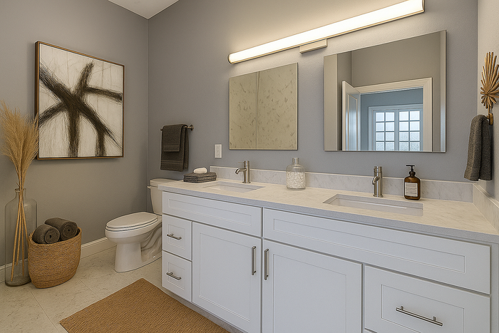 Elegant bathroom featuring dual sinks, modern fixtures, and tasteful decor with a large mirror and abstract wall art.