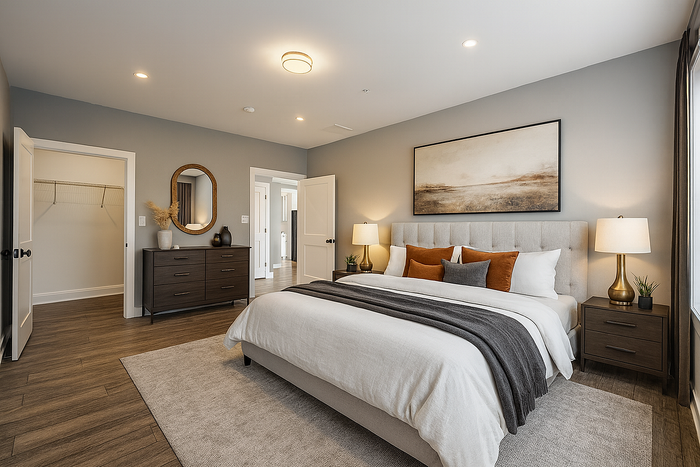 Elegant bedroom featuring a plush bed with stylish cushions, cozy lighting, and a chic dresser. Spacious walk-in closet and calming artwork create a serene atmosphere.