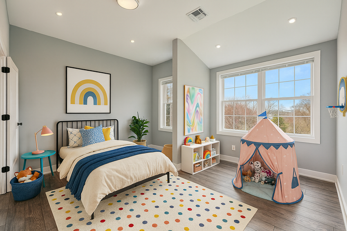 Charming children's bedroom with vibrant decor, playful tent, and large windows inviting abundant natural light.