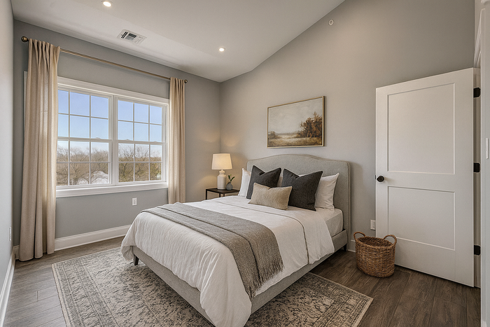 Inviting bedroom with elegant decor, featuring a cozy bed, ambient lighting, and a picturesque window view.