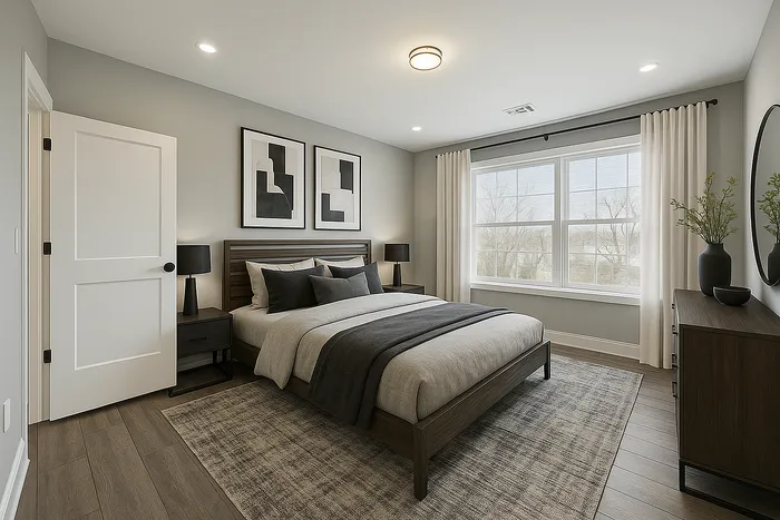 Inviting bedroom with modern decor, featuring a cozy bed, stylish artwork, and large window offering natural light.