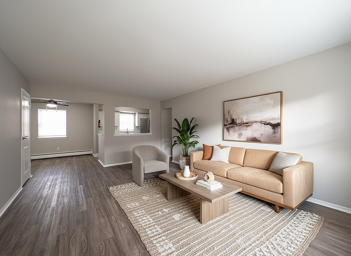 Inviting living room with elegant hardwood floors, stylish beige sofa, and modern decor in a bright, open space.