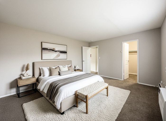 Elegant bedroom with cozy king-size bed, soft beige tones, trendy artwork, and plush carpeted flooring.