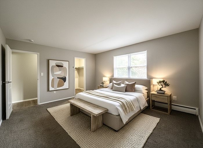 Inviting master bedroom with elegant decor, cozy carpet, and ample natural light.
