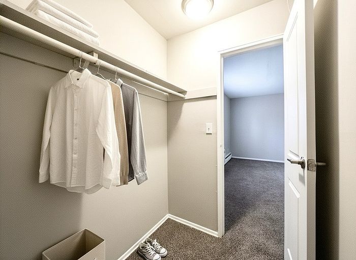 Bright walk-in closet with hanging clothes, neatly stacked towels, and modern design opening into a cozy carpeted room.