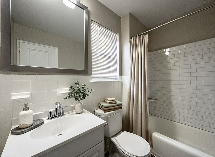 Bright and modern bathroom with elegant vanity, large mirror, and tiled shower, perfect for relaxation and style.