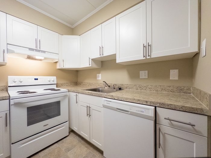Modern kitchen with sleek white cabinets, stylish countertops, and built-in appliances offering a sophisticated ambiance.