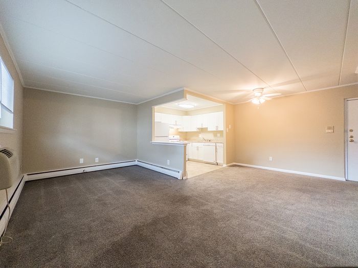 Bright and spacious living area with open-concept layout and modern kitchen, perfect for comfortable living.