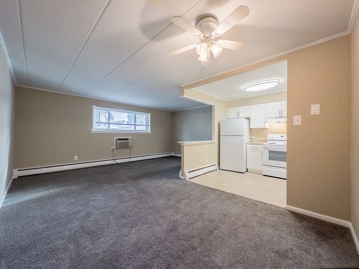 Inviting open-plan living area with modern kitchen showcasing sleek appliances and stylish beige accents, perfect for comfortable living.