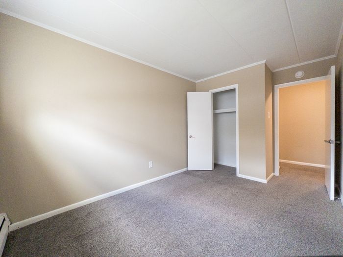 Sunny and spacious bedroom with plush carpet, large closet, and neutral tones, offering a cozy and inviting atmosphere.