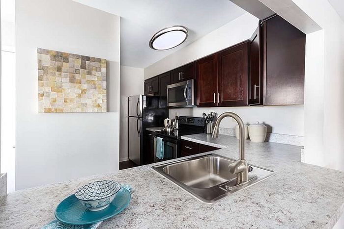 Modern kitchen with sleek dark wood cabinets, stylish stainless steel appliances, and elegant countertops featuring vibrant decor.