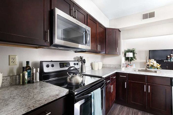 Modern kitchen with sleek dark wood cabinetry, stainless steel appliances, and spacious granite countertops, offering a stylish and functional cooking space.