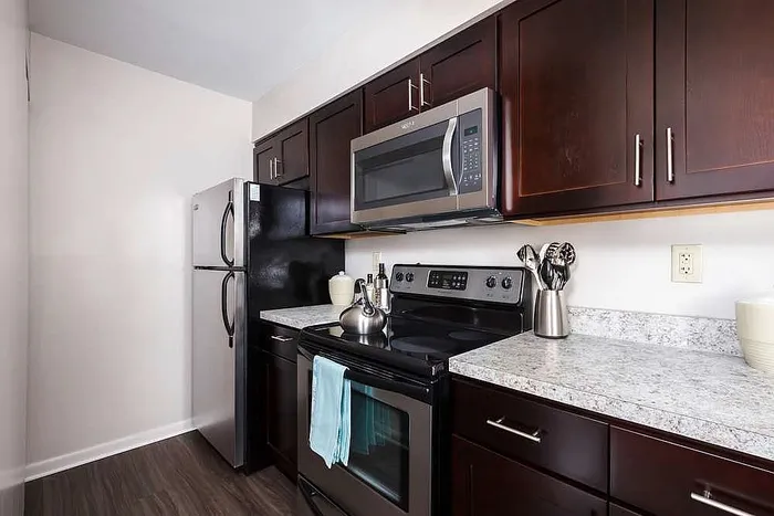 Modern kitchen with sleek stainless steel appliances, elegant dark wood cabinets, and a polished granite countertop.