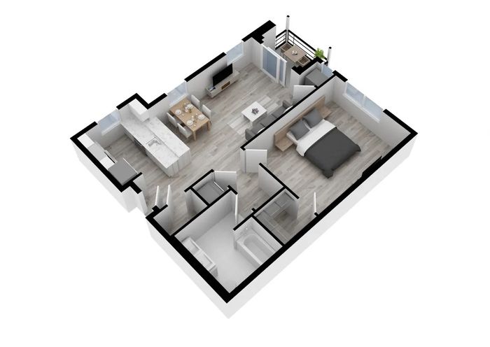 Modern 3D apartment floor plan showcasing a spacious one-bedroom layout with open-concept kitchen and dining area, stylish living room with balcony, and sleek bathroom design.