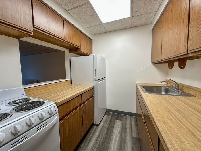 Cozy kitchen with wood cabinetry, sleek countertops, and modern appliances in a stylish apartment.