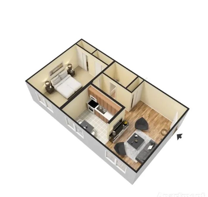 Modern 3D apartment layout featuring a cozy bedroom, well-equipped kitchen, and inviting living area with stylish decor.