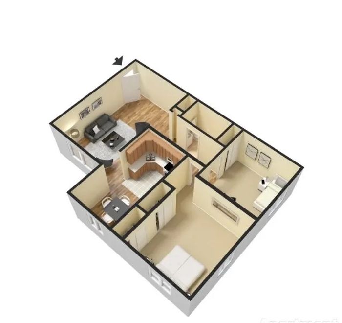 Charming 3D floor plan featuring a cozy living area, modern kitchen, and two spacious bedrooms with ample natural light.