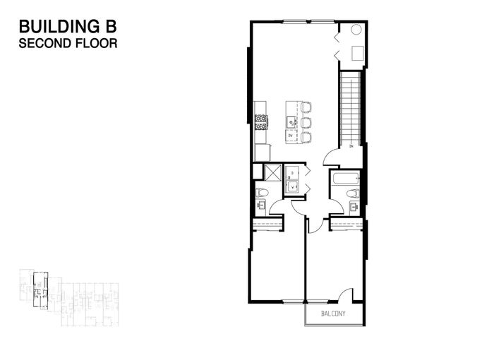 Sophisticated floor plan of Building B's second floor, featuring two bedrooms, a modern open kitchen, and a cozy balcony.