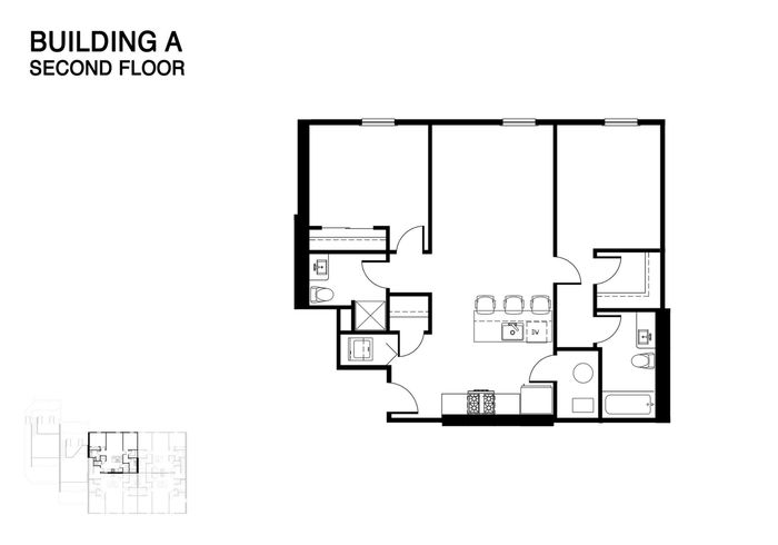 Elegant floor plan for Building A's second floor featuring a spacious layout with 2 bedrooms, an open kitchen with an island, and modern living area.