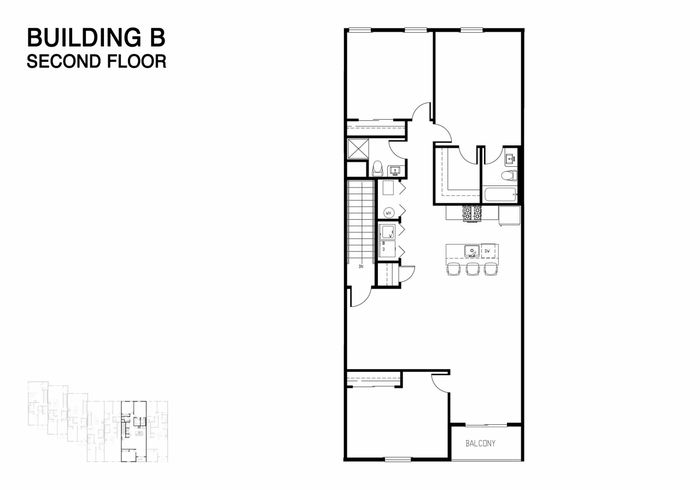 Second floor plan of Building B showcasing a modern design with two spacious bedrooms, open living and kitchen area, and a balcony.