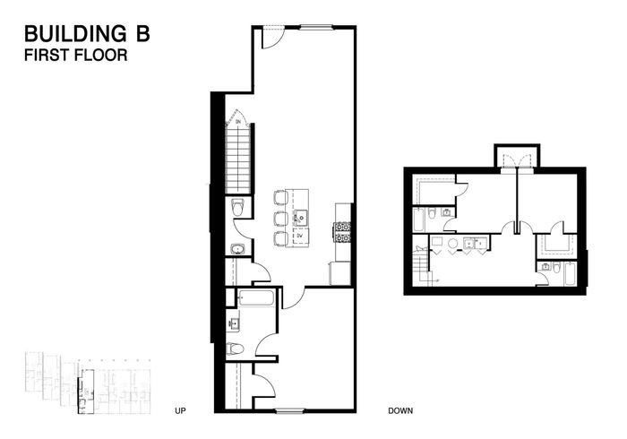 Inviting floor plan of Building B's first floor showcasing a modern layout with a spacious open-concept kitchen and living area, complemented by two cozy bedrooms and convenient bathrooms on the second level.