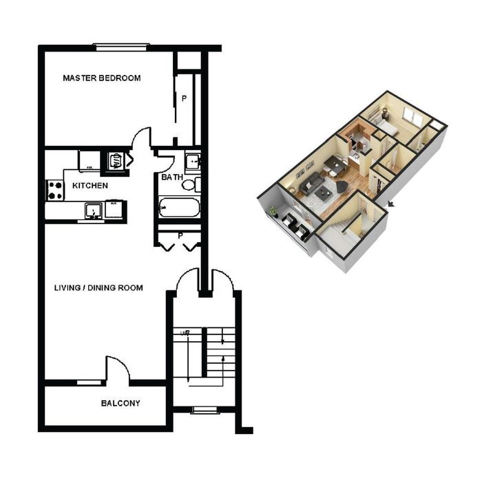Charming floor plan displaying a spacious master bedroom, modern kitchen, inviting living/dining room, and private balcony.
