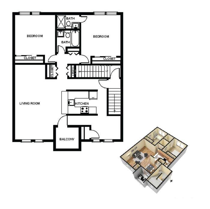 Modern floor plan showcasing 2 bedrooms, 2 baths, an open kitchen, spacious living room, and private balcony, complete with 3D layout.