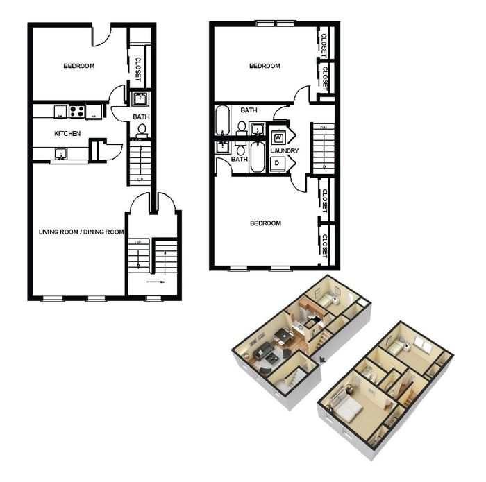 Inviting 3D and 2D floor plan showcasing a two-story apartment with three bedrooms, a modern kitchen, and open living/dining area. Includes convenient laundry space and ample storage with multiple closets.