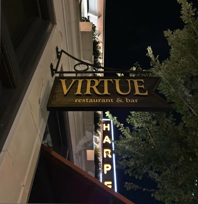 Virtue restaurant sign in the Hyde Park neighborhood.  Great restaurants and shopping are nearby.
