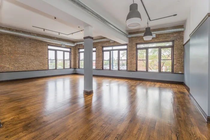 A huge living room with hardwood floors, twelve sunny windows, and pendant lighting.