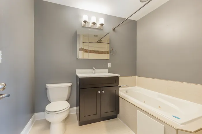 A second bath with an ebony vanity, medicine cabinet, and a white bathtub.