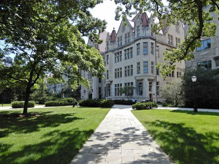 A gothic stone University of Chicago building. The University is less than a mile away.
