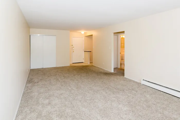 A carpeted living room in a beige color palette.