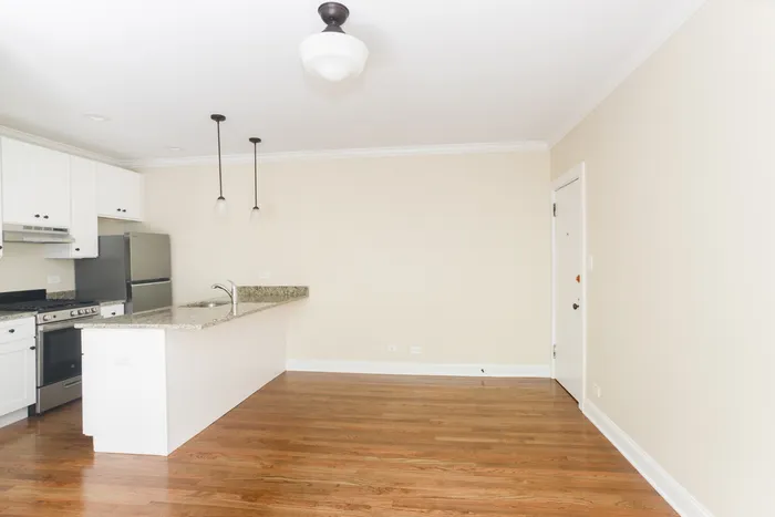 A junior one bedroom space with open concept layout combining the kitchen and living areas.  Equipped with hardwood floors, pendant lighting, and a breakfast bar.