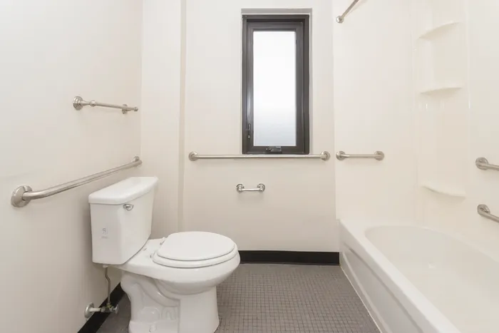 All with bathroom with grab bars in bathtub shower  and aound the toilet