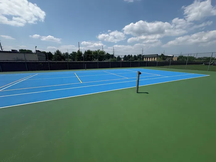 Blue Tennis and pickle ball court with green out of boundsb