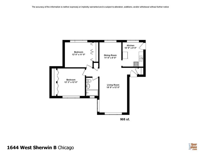 Two bedroom floorplan showing 906 square feet