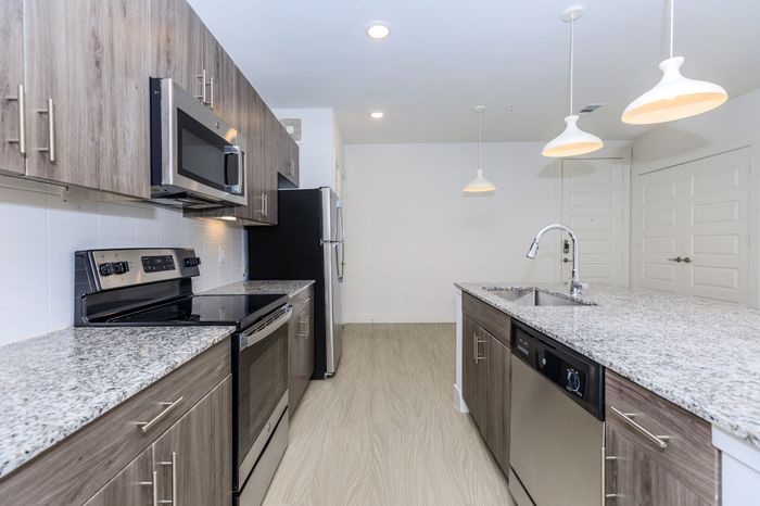 Modern luxury apartment kitchen with stainless steel appliances